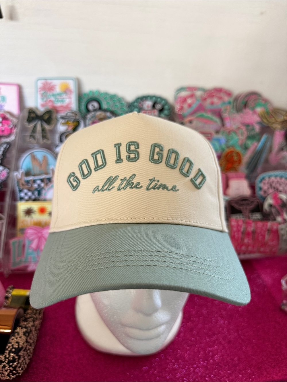 OTTO "God Is Good" Two-Tone Baseball Cap in Cream and Sage Green
